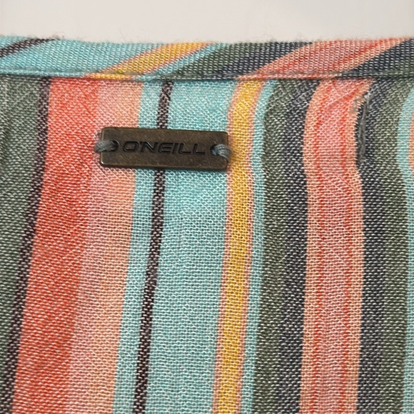 O’NEILL Rosie Stripe Top Bohemian Tie Closure Medium Green Blue - Picture 7 of 9